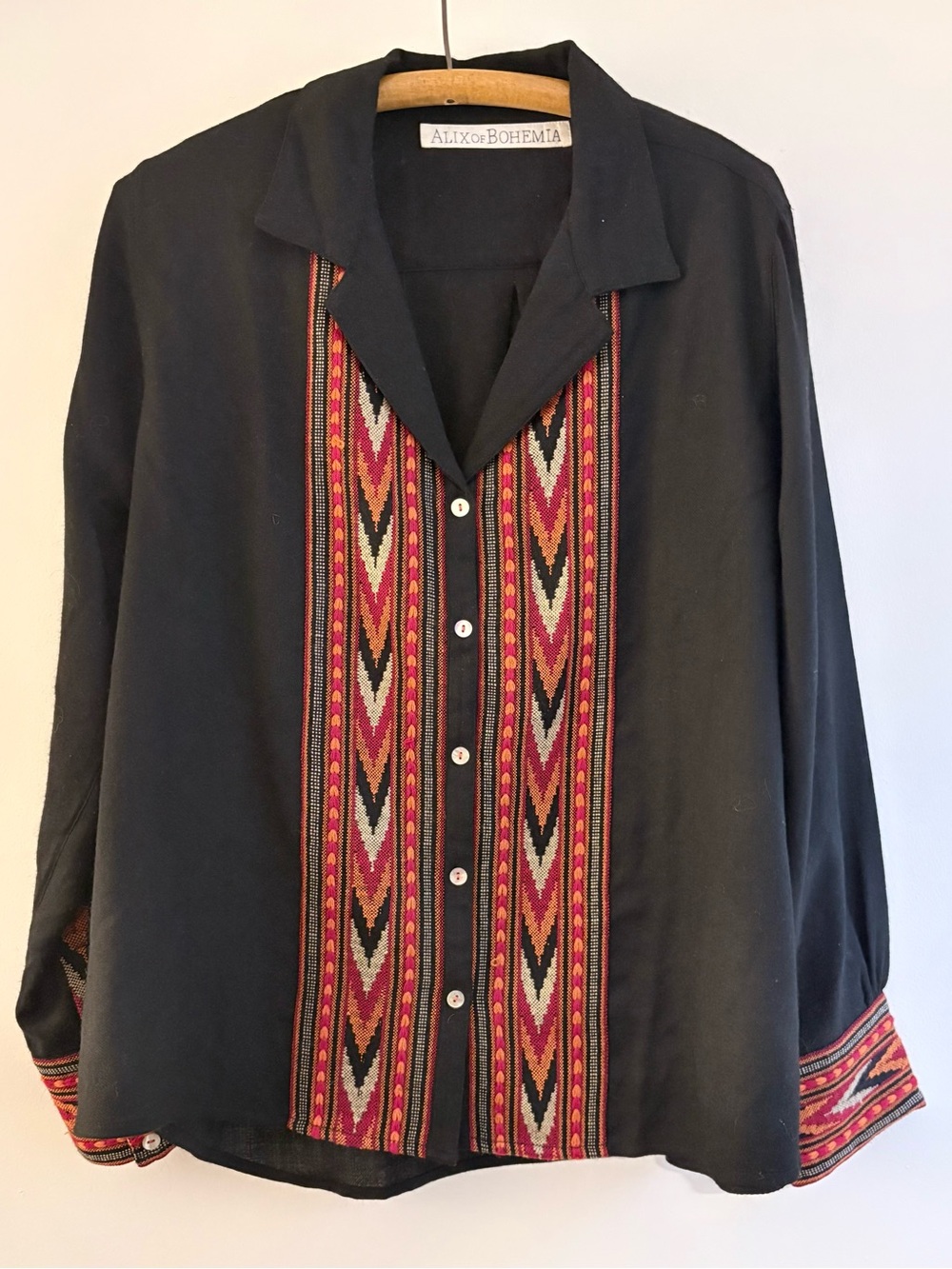 Alix of Bohemia fine wool shirt with woven southwestern detail, size L
